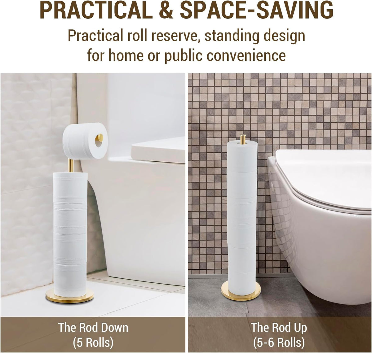 MyGift Modern Brass Tone Metallic Plated Floor Standing Toilet Paper Holder Stand with Roll Reserve Storage Holder, Elegant Freestanding Bathroom Toilet Tissue Dispenser