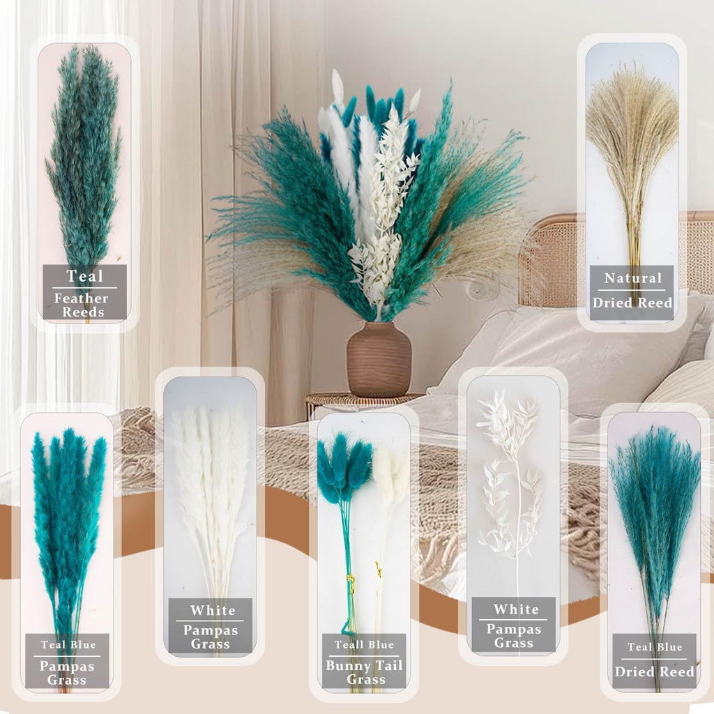 Pampas Grass Dried Flowers for Vase, Boho Home Decor, Wedding Decorations (Mixed Teal Blue)