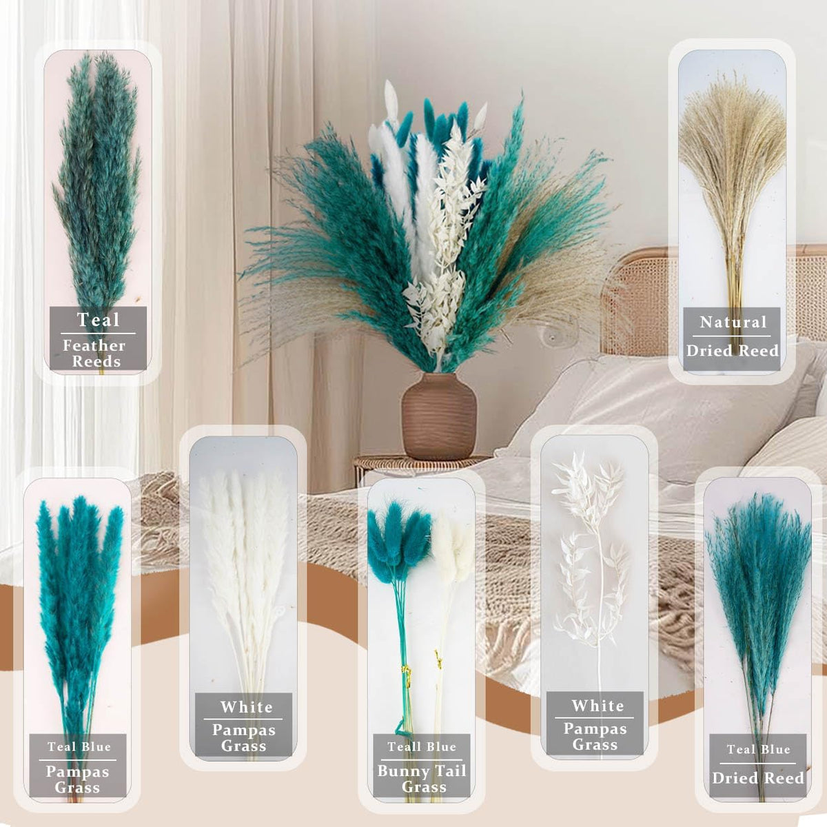 Pampas Grass Dried Flowers for Vase, Boho Home Decor, Wedding Decorations (Mixed Teal Blue)