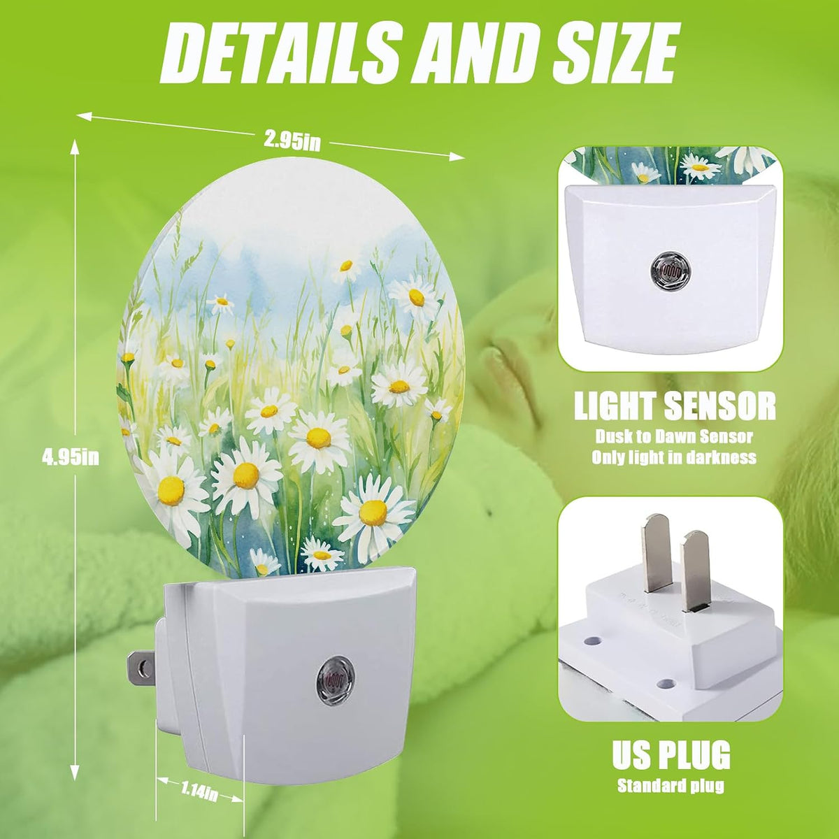 White Daisies Watercolor Night Light,Abstract Floral Plug-in Night Lights with Dusk-to-Dawn Sensor for Bedroom Bathroom and Living Room Sleep Friendly lamp