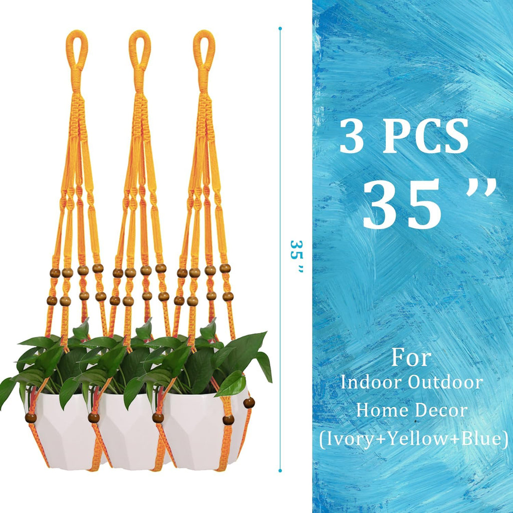 3 Pcs 35 Inch Macrame Plant Hanger Flower Pot Hanging Plant Holder No Tassels Decorative Hanging Planter Basket with Wood Beads for Indoor Outdoor Home Decor (Orchid Yellow)