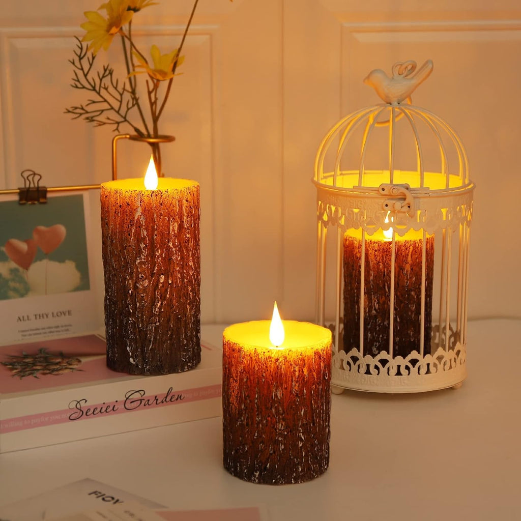 AKU TONPA Pine Bark Effect Flameless Candles Battery Operated Pillar Real Wax Flickering Electric LED Candle Sets with Remote Control Cycling 24 Hours Timer, 3" x 4" 5" 6" Pack of 3