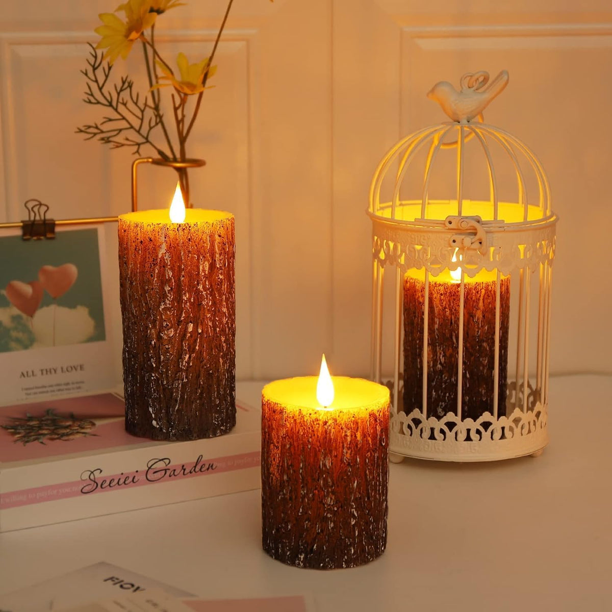 AKU TONPA Pine Bark Effect Flameless Candles Battery Operated Pillar Real Wax Flickering Electric LED Candle Sets with Remote Control Cycling 24 Hours Timer, 3" x 4" 5" 6" Pack of 3