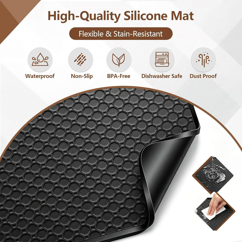 Mini Fridge Silicone Mats, 19.7"x19.7" Fridge Drip Pan with Raised Edges, Non-Slip Silicone Drip Tray Mat for Refrigerators, Wine Cooler, Washer Machines, Cabinet Carpets, Dryer, Dishwasher Black