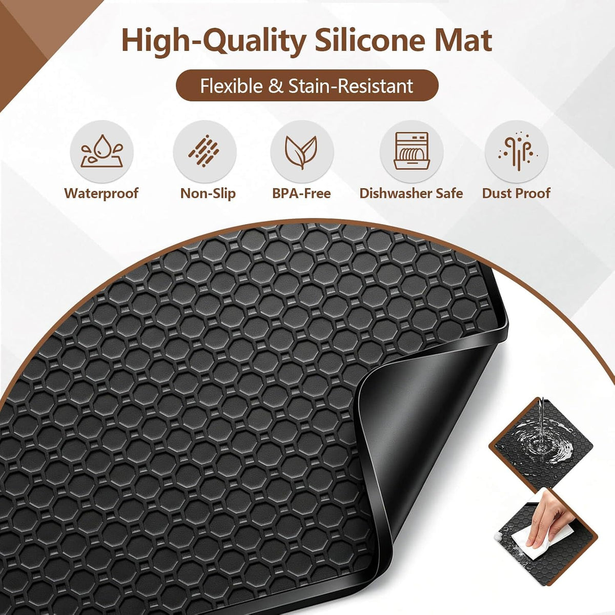 Mini Fridge Silicone Mats, 19.7"x19.7" Fridge Drip Pan with Raised Edges, Non-Slip Silicone Drip Tray Mat for Refrigerators, Wine Cooler, Washer Machines, Cabinet Carpets, Dryer, Dishwasher Black