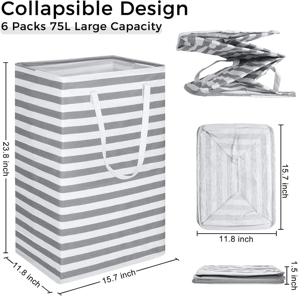 6 Pcs Laundry Hamper 75L Large Collapsible Laundry Baskets Tall Freestanding Waterproof Clothes Hamper Organizer with Easy Carry Handles for Clothes Storage Family Dorm(Gray, White)