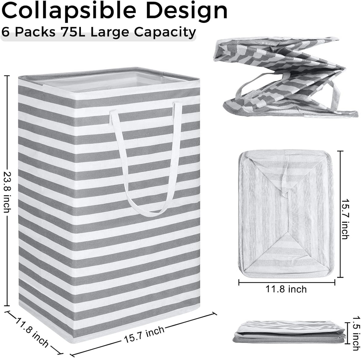 6 Pcs Laundry Hamper 75L Large Collapsible Laundry Baskets Tall Freestanding Waterproof Clothes Hamper Organizer with Easy Carry Handles for Clothes Storage Family Dorm(Gray, White)