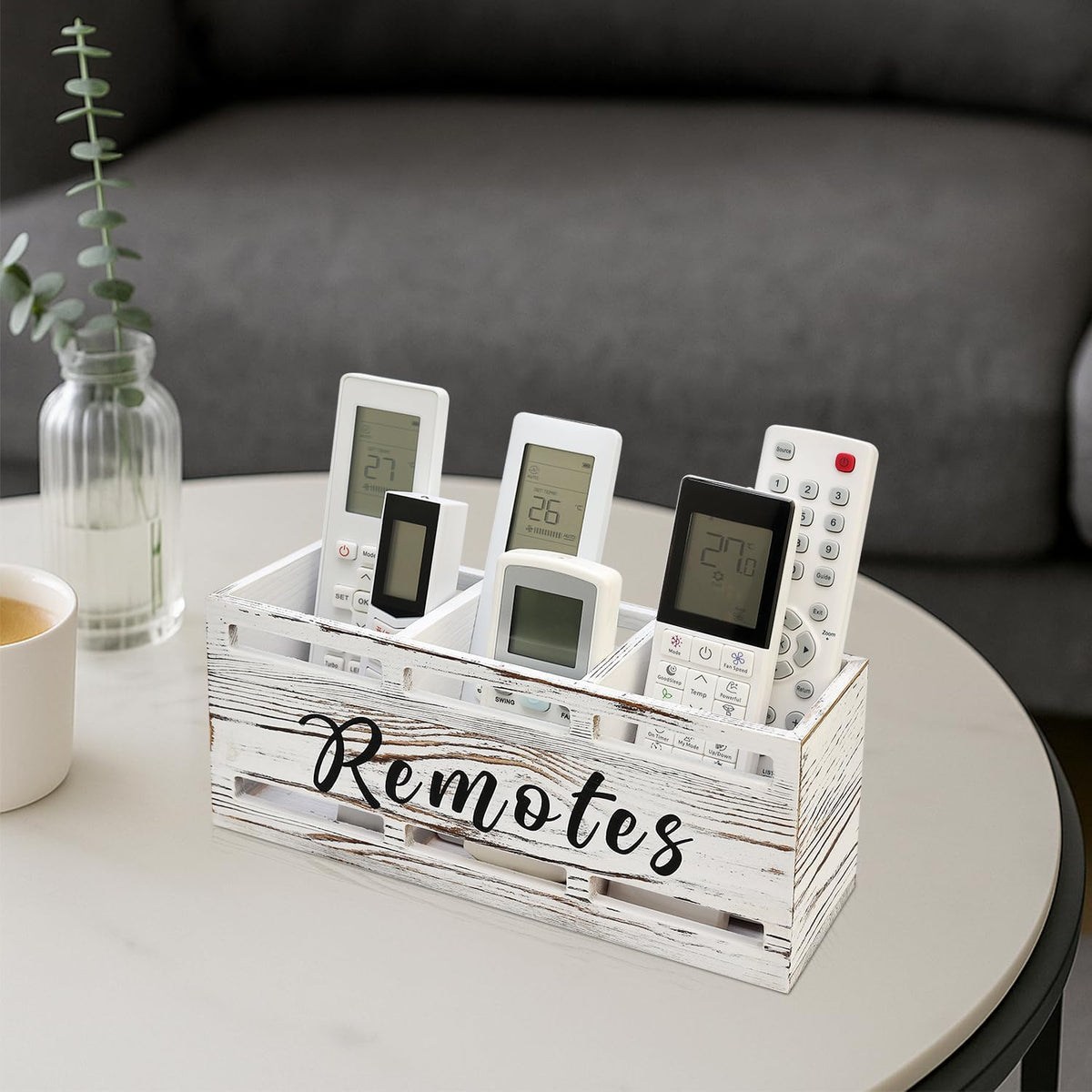 Rustic White Wooden Remote Control Holder for Wall Mount Table TV Organizer