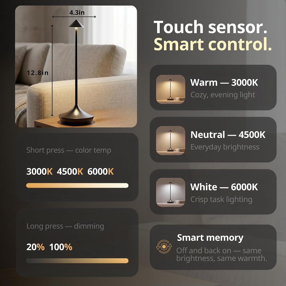 Cordless Rechargeable Table Lamp, Long-Lasting 60-Hr Battery, Dimmable LED