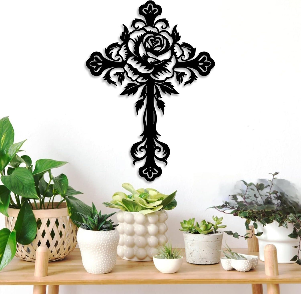 LIYOUYA Metal Rose Cross Wall Decor - Modern Room Decor Black Cross Wall Art Home Decor for Living Room, Bedroom, Dining Room, Porch (Black)