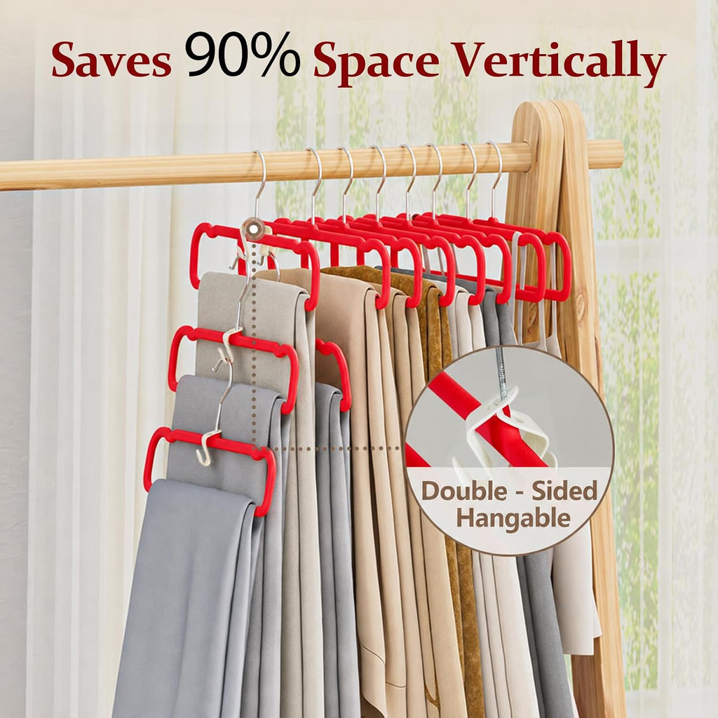 Velvet Felt Pants Hangers 30 Pack, with Cascading Hooks (Red)