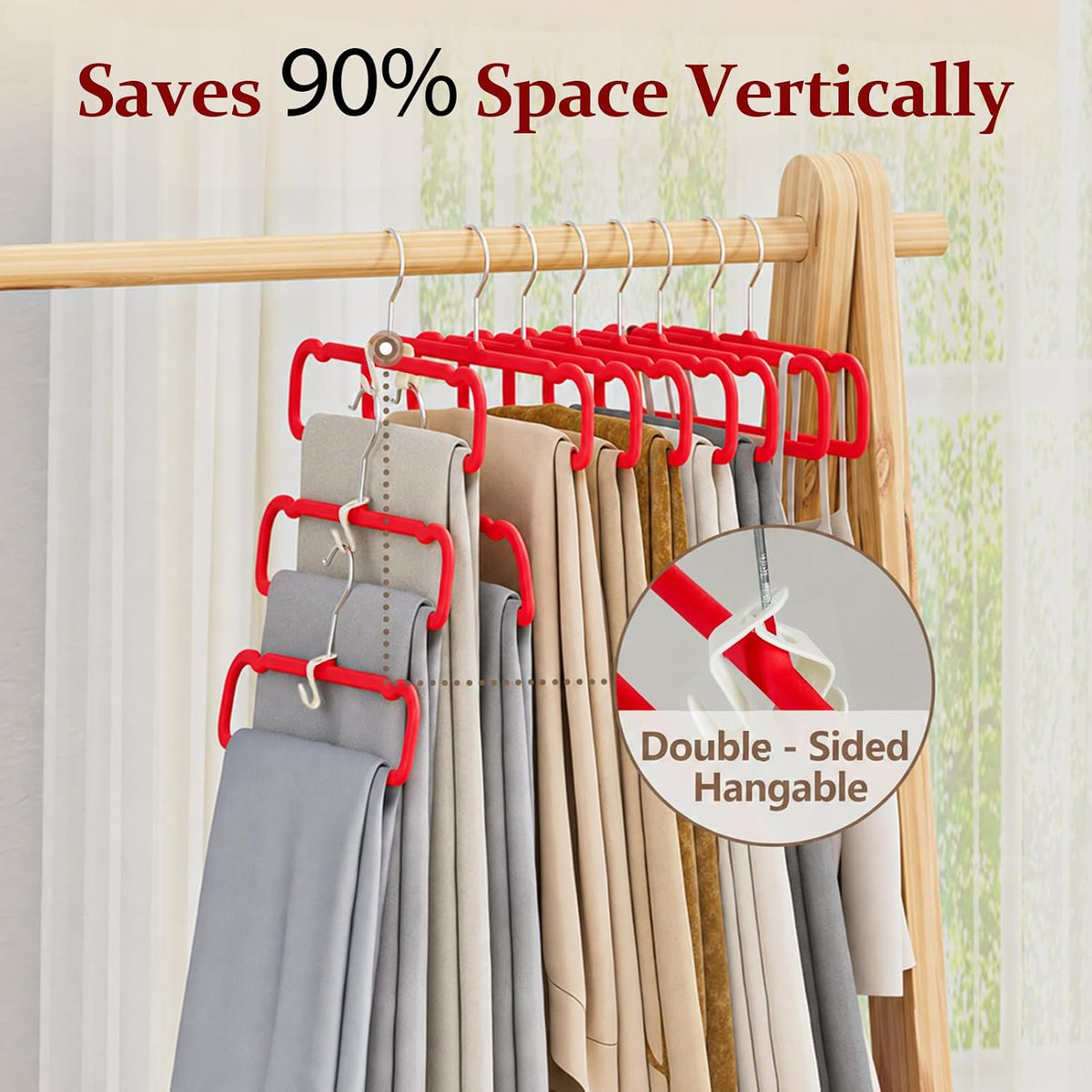 Velvet Felt Pants Hangers 30 Pack, with Cascading Hooks (Red)