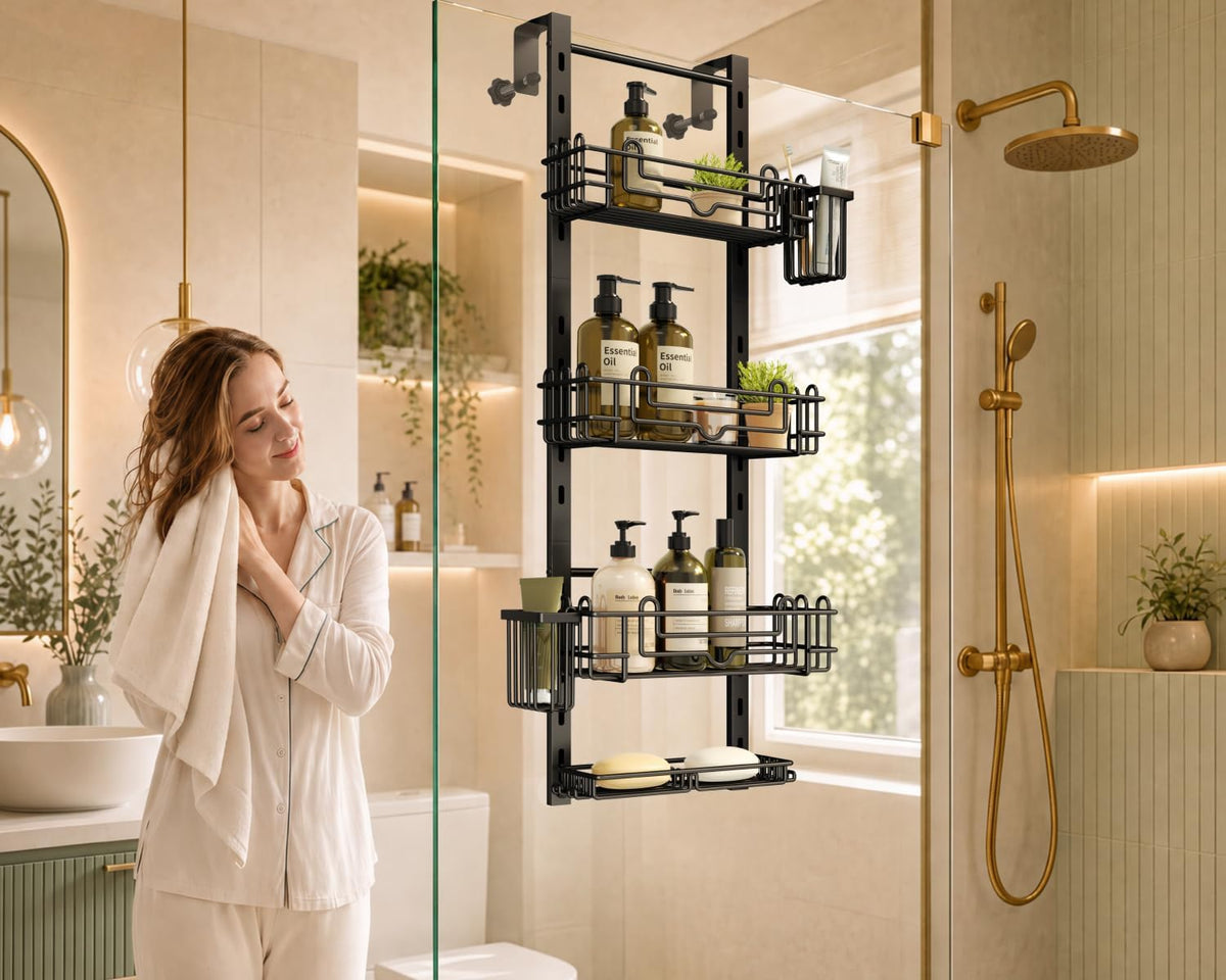 HapiRm Over the Door Shower Caddy - 4-Tier Hanging Shower Organizer with 22 Hooks and 2 Toothbrush Holders, No Drilling Adjustable Hanging Shelves for Bathroom - Black