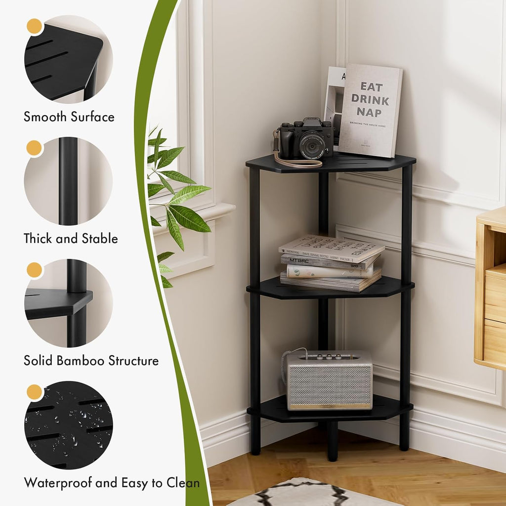 Black Corner Bathroom Shelf, 3 Tier Bamboo Kitchen Corner Shelves, Display Shelf, Shower Corner Caddy, Indoor Plant Stand Balcony, Freestanding Storage Organizer Stand for Living Room, Small Spaces