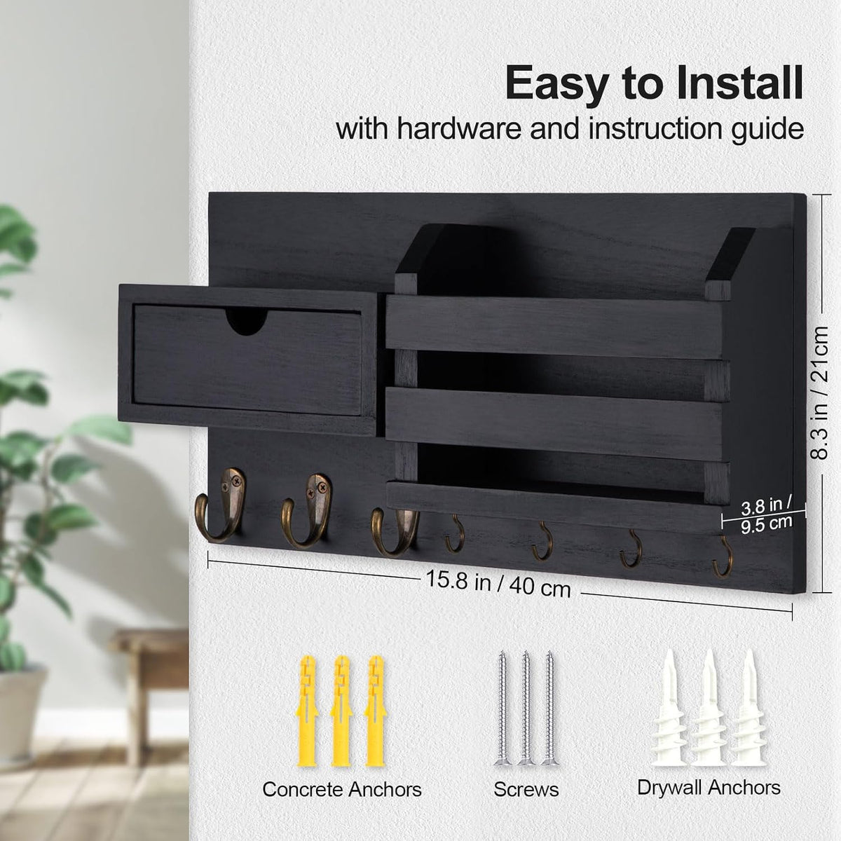 Lwenki Wall Mount Key Holder with Mail Organizer, 100% Paulownia Wood, 7 Metal Hooks, Storage Drawer, Entryway Home Decor (Black)