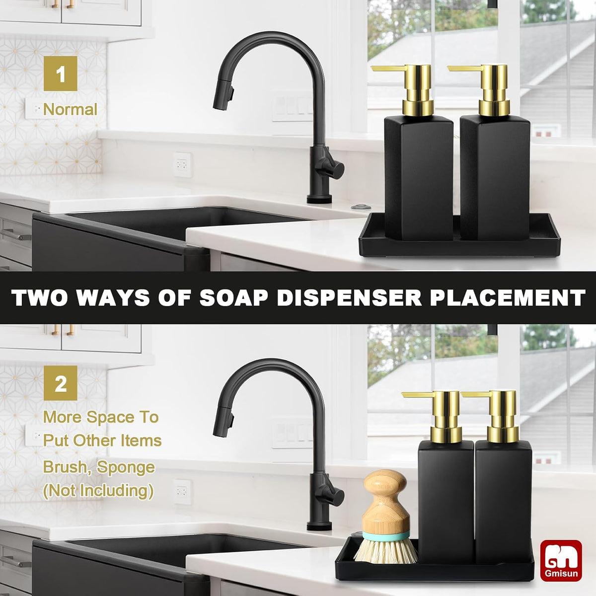 GMISUN Kitchen Soap Dispenser Set with Tray, Dish Soap Dispensers for Kitchen, 12fl oz/350ml Hand and Dish Soap Dispenser Set, Black Soap Dispensers with Gold Pump, Glass Liquid Soap and Lotion Bottle