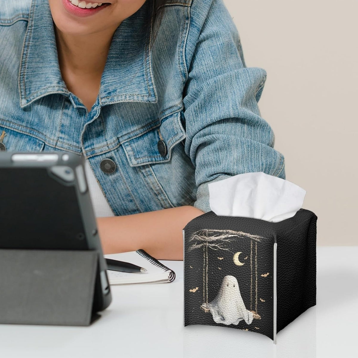 Cute Ghost Tissue Box Holder Square PU Leather Tissues Cube Box Cover Modern Decorative Halloween Decor Facial Napkin Holder Case for Car Kitchen Bedroom Bathroom Black