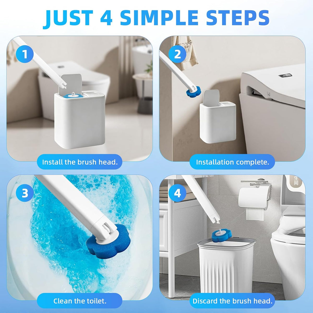 Disposable Toilet Brush with 48 Refills,Toilet Bowl Cleaner,Toilet Cleaning Supplies,Toilet Bowl Brush,Automatic lid-Opening and Closing Toilet Brush with Holder for Bathroom Deep Cleaning & Hygiene