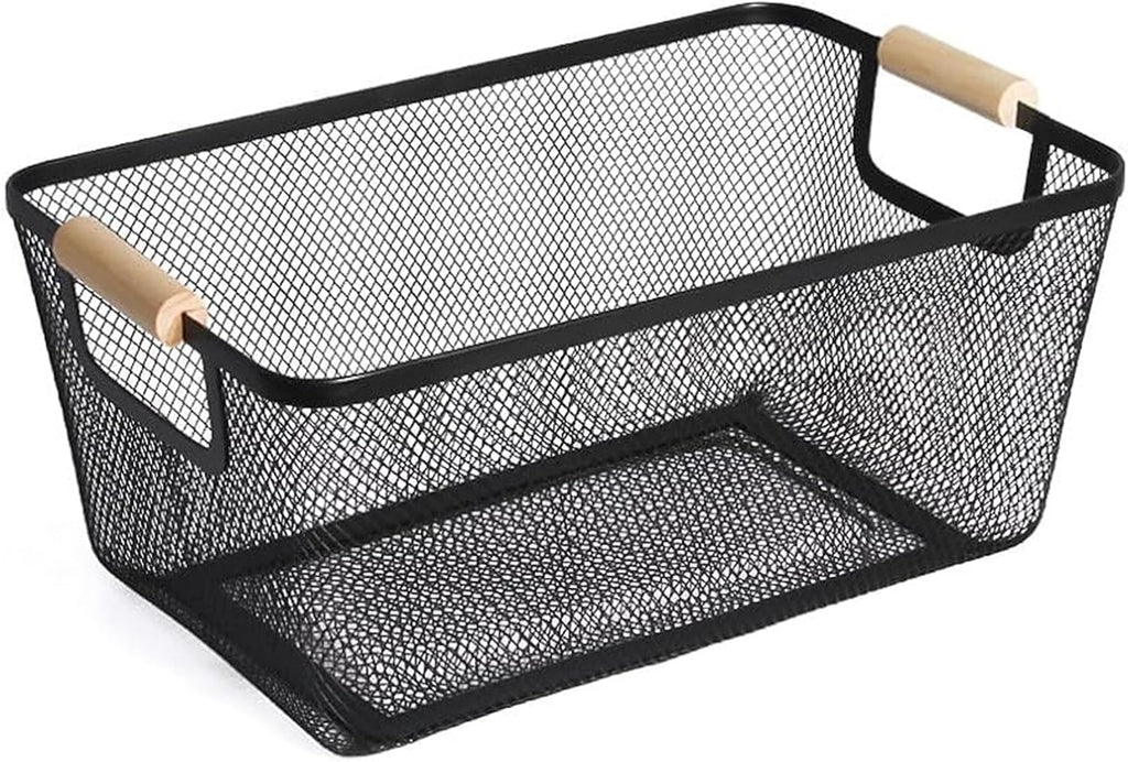 AJIODA Metal Mesh Steel Basket, Medium Wire Storage Organizer Basket Multi-function Hanging Kitchen Basket with Wood Handle for Kitchen Bathroom Picnic Home, Rectangle-Black