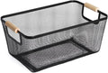AJIODA Metal Mesh Steel Basket, Medium Wire Storage Organizer Basket Multi-function Hanging Kitchen Basket with Wood Handle for Kitchen Bathroom Picnic Home, Rectangle-Black