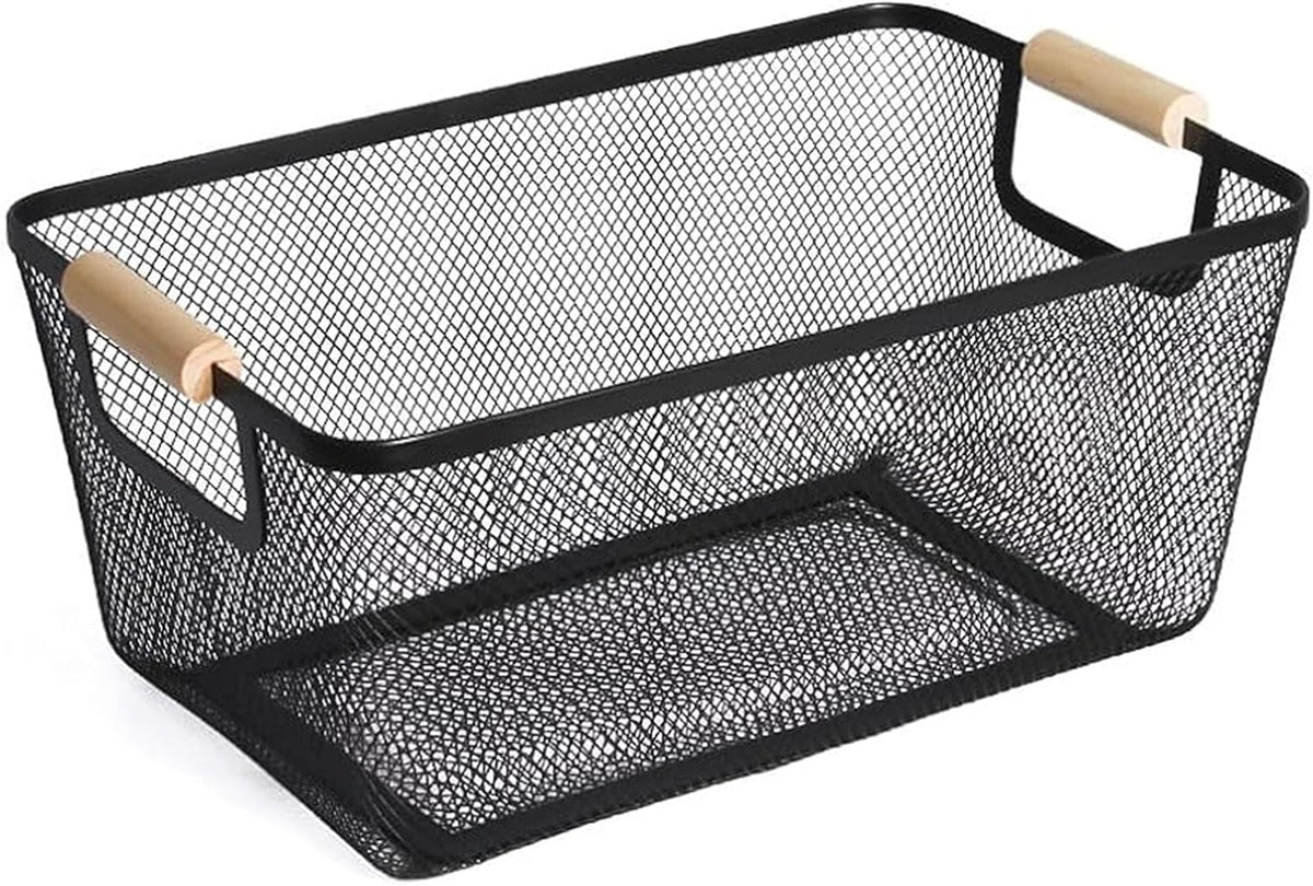 AJIODA Metal Mesh Steel Basket, Medium Wire Storage Organizer Basket Multi-function Hanging Kitchen Basket with Wood Handle for Kitchen Bathroom Picnic Home, Rectangle-Black
