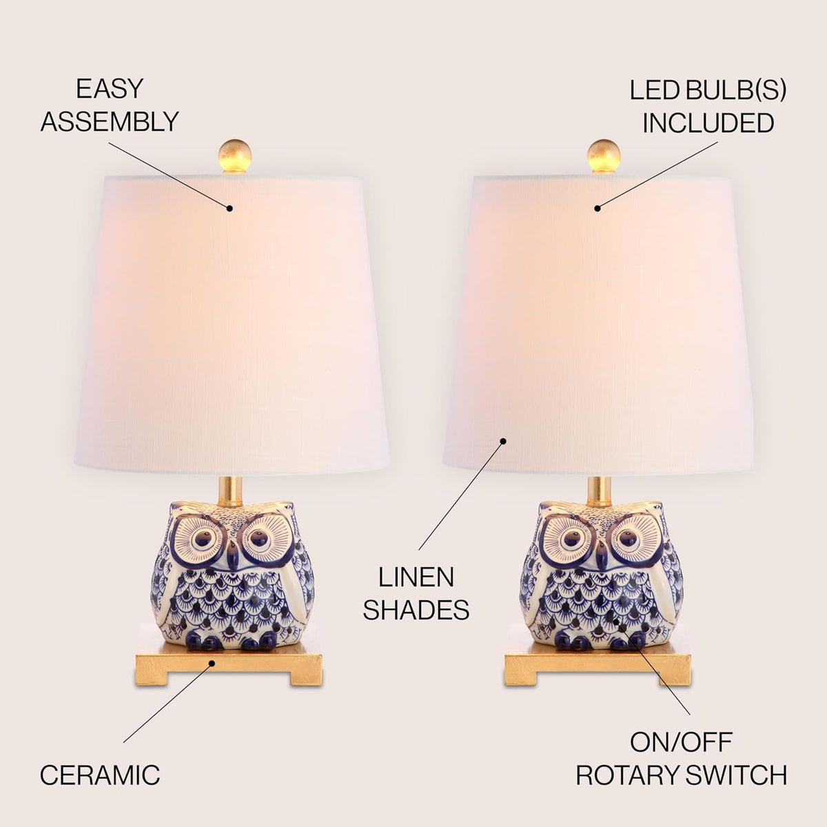 JONATHAN Y Justina Owl Mini Table Lamp 16" Ceramic, Blue/White, Set of 2