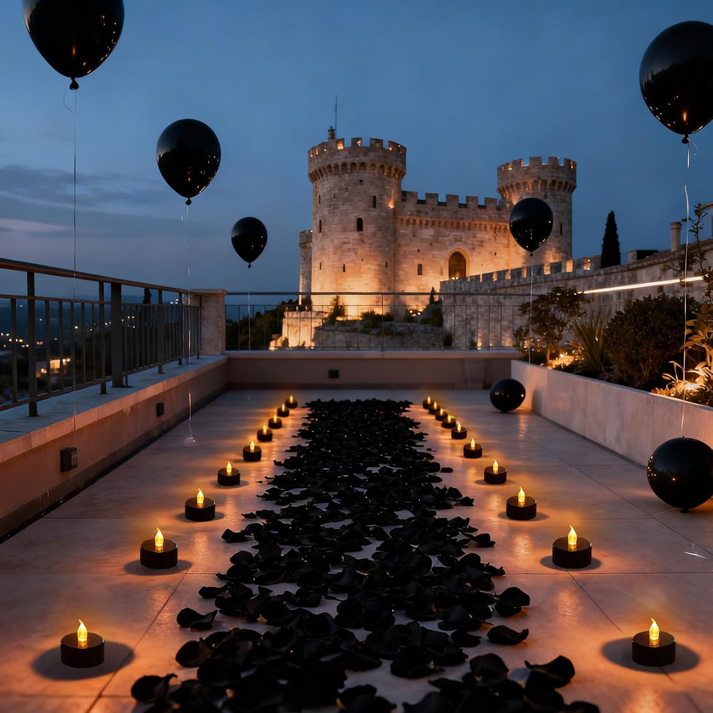 500 Pcs Rose Petals with 12 LED Tea Lights Candles Set, Artificial Black Rose Petals and Black Flameless Candles Set for Anniversary, Valentine's Day, Wedding, Party Home Decor