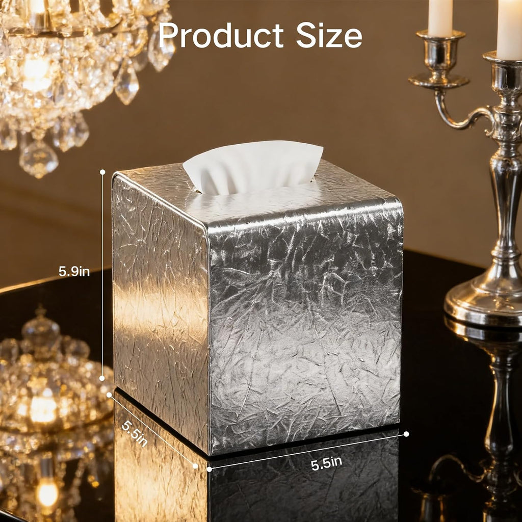 Silver Tissue Box Cover,Square Leather Tissue Box Cover with Magnetic Closure,Tissue Vessel for Bathroom Toilet Bedroom Living Room Table Desk Office,Modern Home Decor