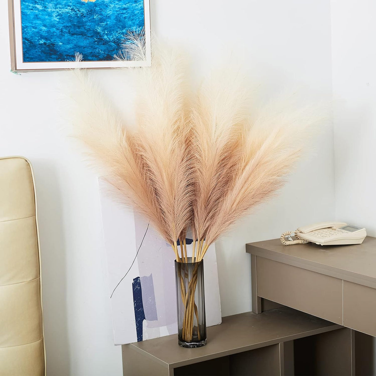 Faux Pampas Grass Decor, 6 Stems Artificial Pampas Grass - 43 inch Tall Pompass Grass Large Pompous Boho Flower Arrangement Home Decor for Room Wedding Party