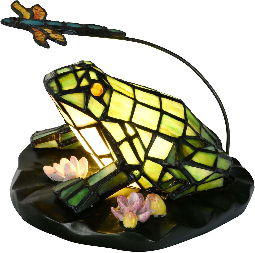 Bieye L12014 Frog and Dragonfly Tiffany Stained Glass Accent Table Lamp