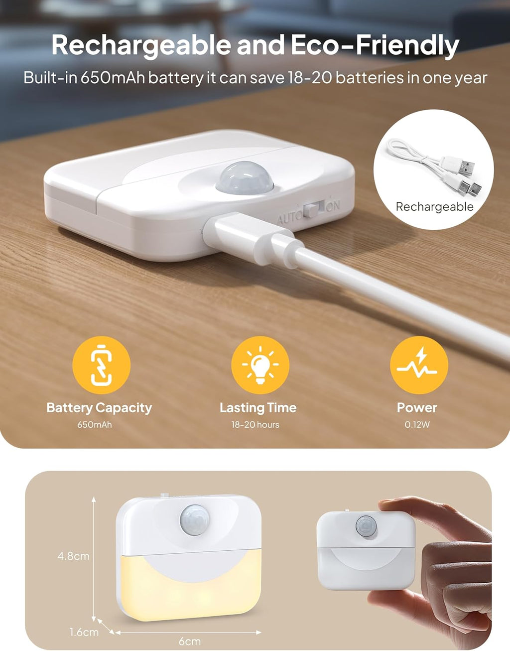 2 Pack Rechargeable Stair Light Indoor,Warm White Motion Sensor Night Light