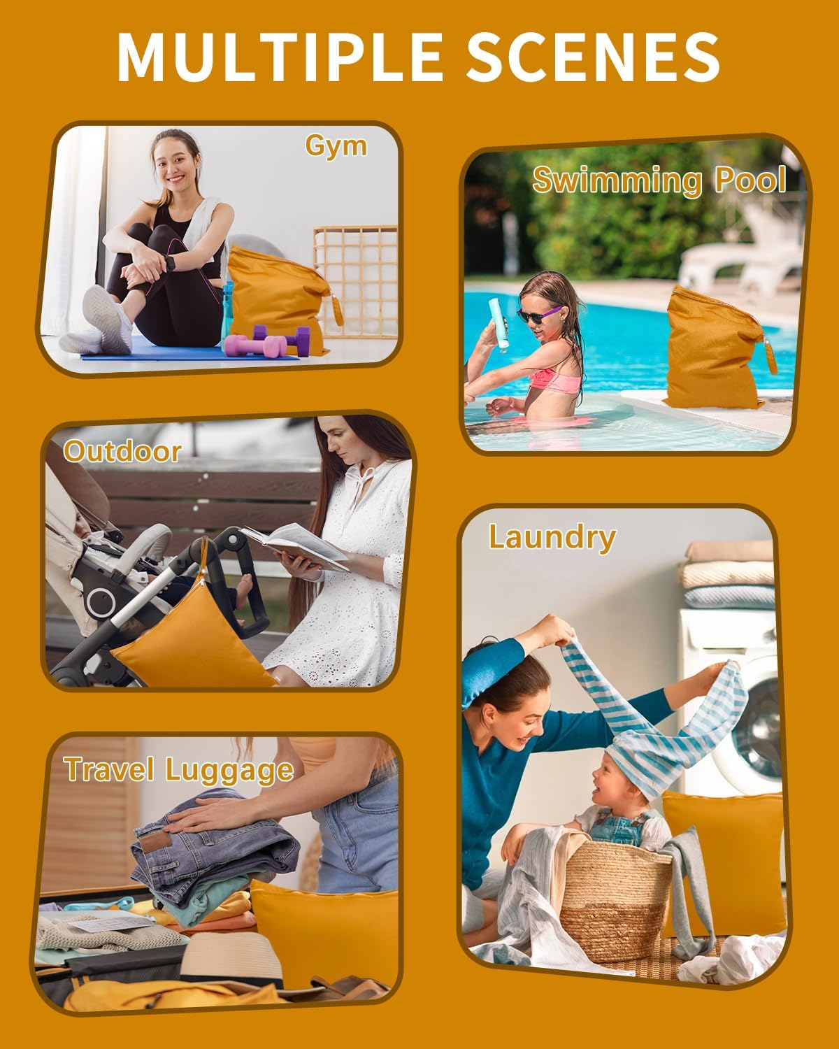 babygoal Travel Laundry Bags 2 Pack, Ideal for Travel, Gym and Swimming-Washable Waterproof Wet Dry Bags for Dirty Clothes, Bathing Suits and Swimsuits(yellow and brown)