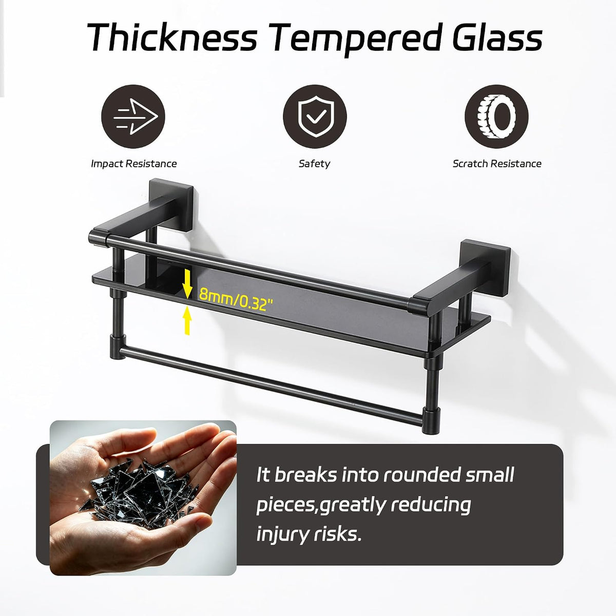 Alise Bathroom Shelf with Towel Bar,16 Inch Matte Black Glass Shelf