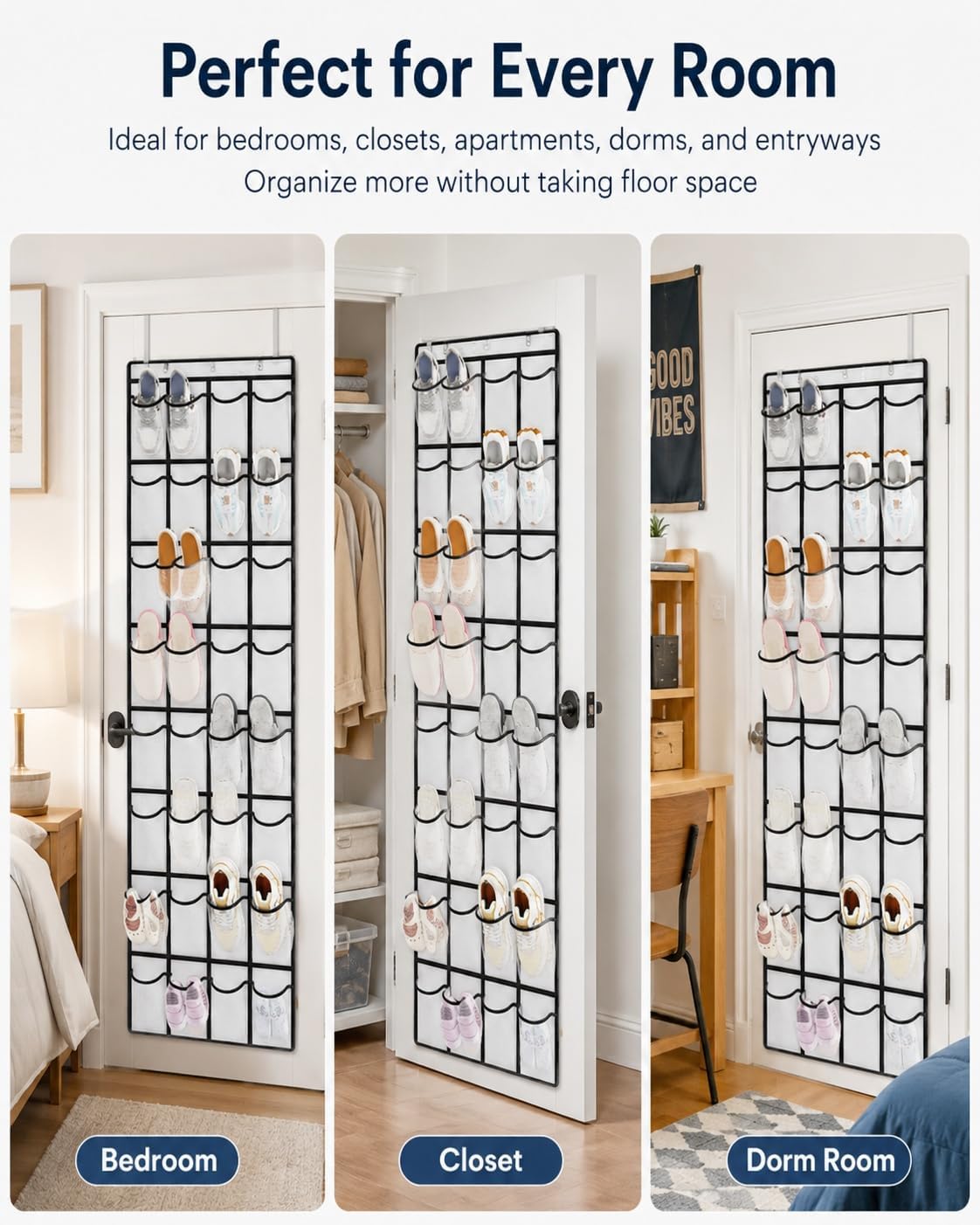 Sokoweii Over the Door Shoe Organizer, 40 Pocket, Clear Mesh, White, Hanging Rack for Closet, Bedroom, Entryway, Nonslip Hook, Storage Holder for Women and Men