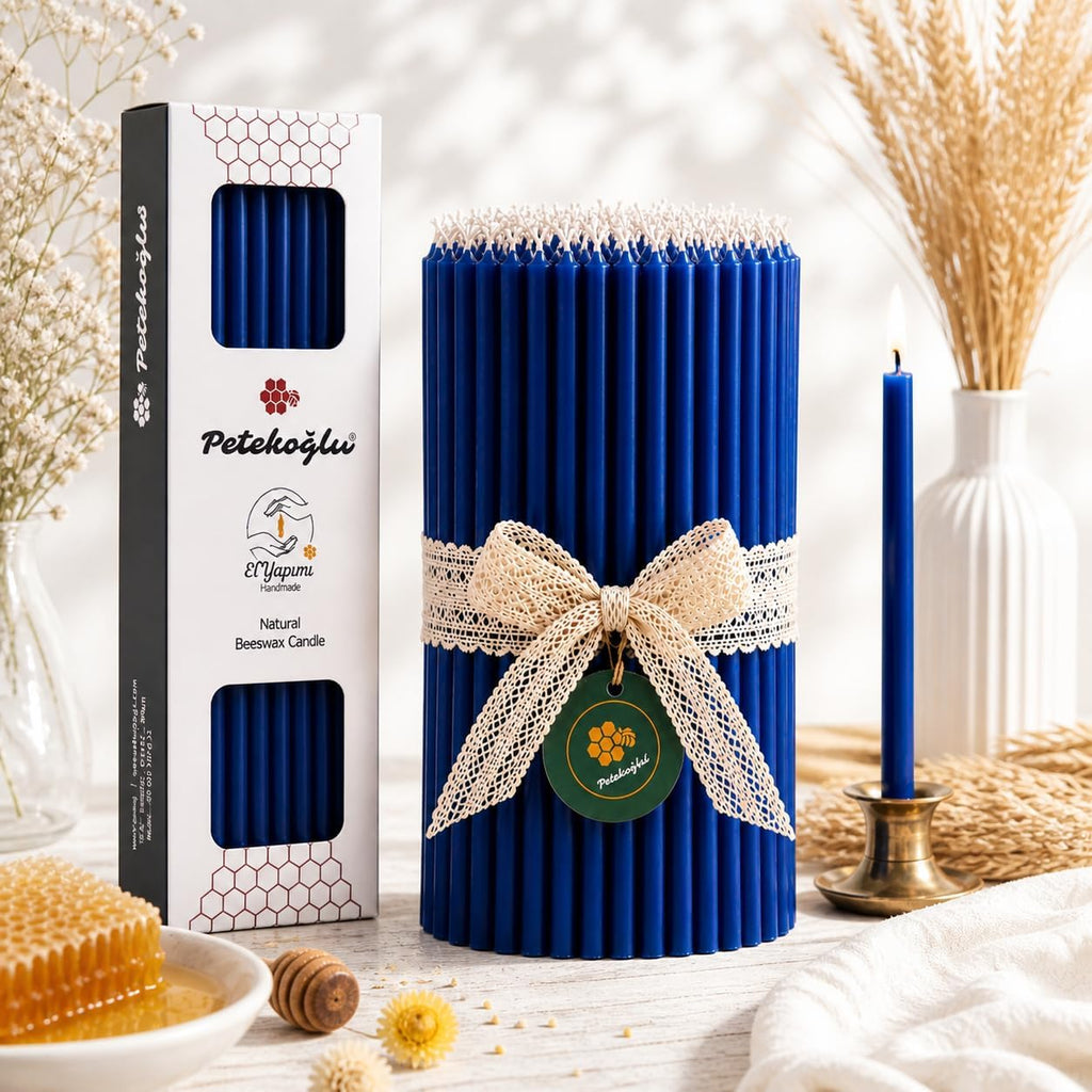 Petekoğlu 40 Pieces Pure Beeswax Candles - No-Drip, Smoke-Less, Tall, Thin Taper Decorative Candles for Church Prayer, Decor or Birthday Candles – Honey Scented Candles – 7.9”x0.26” (Deep Blue)