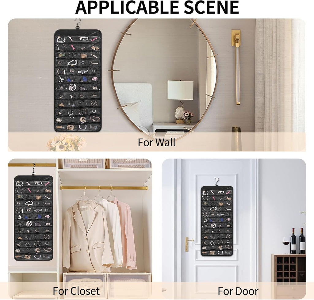 Bloss Hanging Jewelry Organizer with 48 Pockets, Double-Size Hanging Jewelry Holder with Hanger Hooks, Jewelry Organizers and Storage for Earrings, Necklaces and Rings.(All Black)