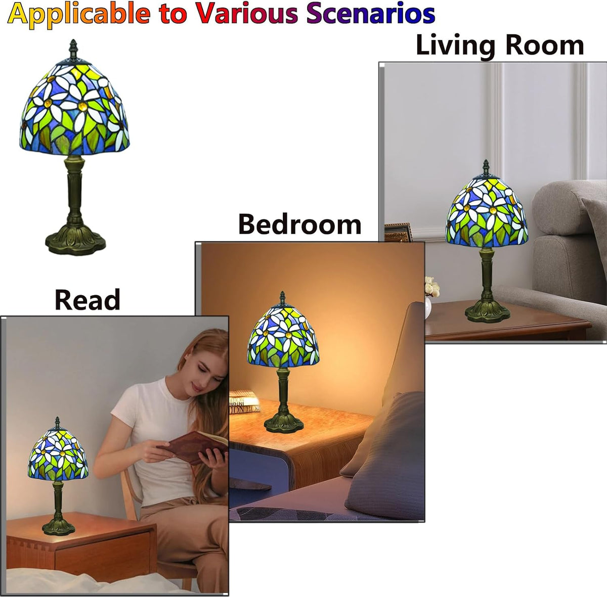 Small Tiffany Style Stained Glass Table Lamp, 8 Inch, White Daisy Pattern