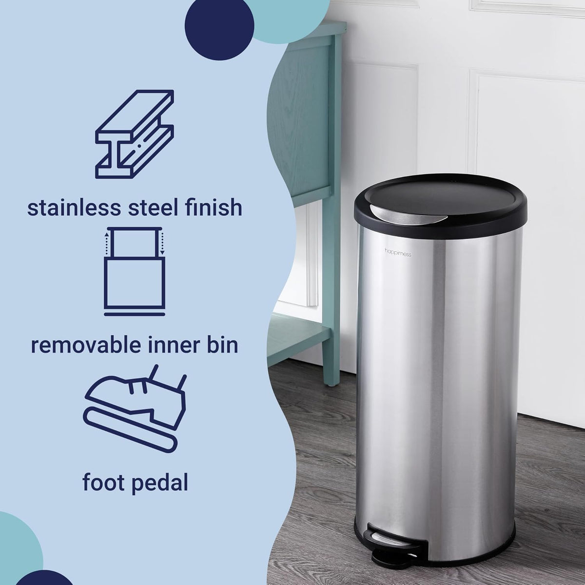 happimess Molly 2-Piece Round Step Trash Can, Platinum Silver