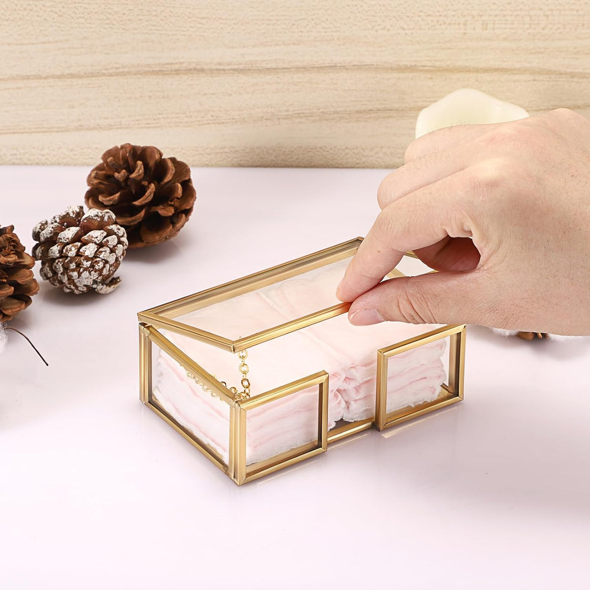 Cotton Swab Holder Small Qtip Dispenser Glass Bathroom Accessories Storage Canister for Dental Floss Pick Organizer Box, 4.1" L x 2.8" W x 1.5" H