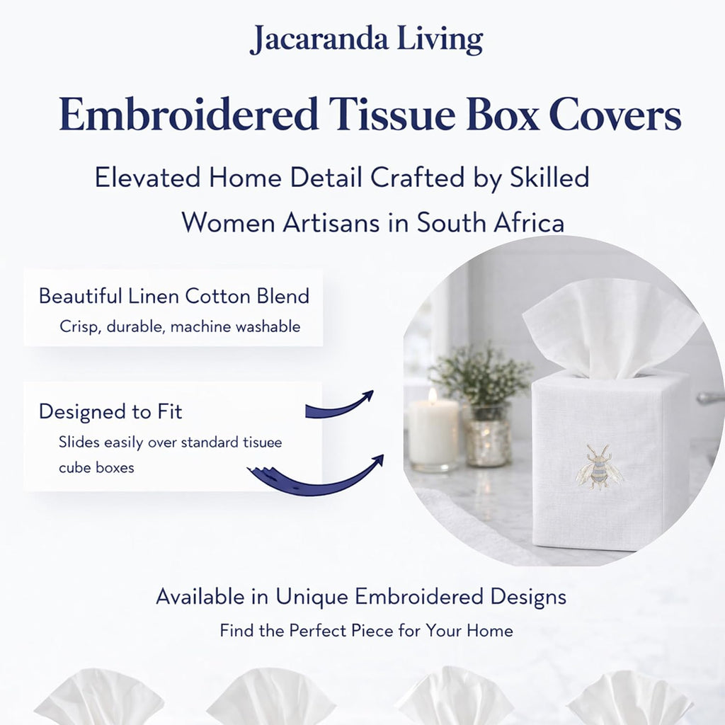 Jacaranda Living Square Tissue Box Cover, Linen/Cotton Fabric Tissue Holder, Decorative Cloth Tissue Cube Cover, Embroidered Bee Designs, Three Napoleon Bees (Duck Egg Blue)