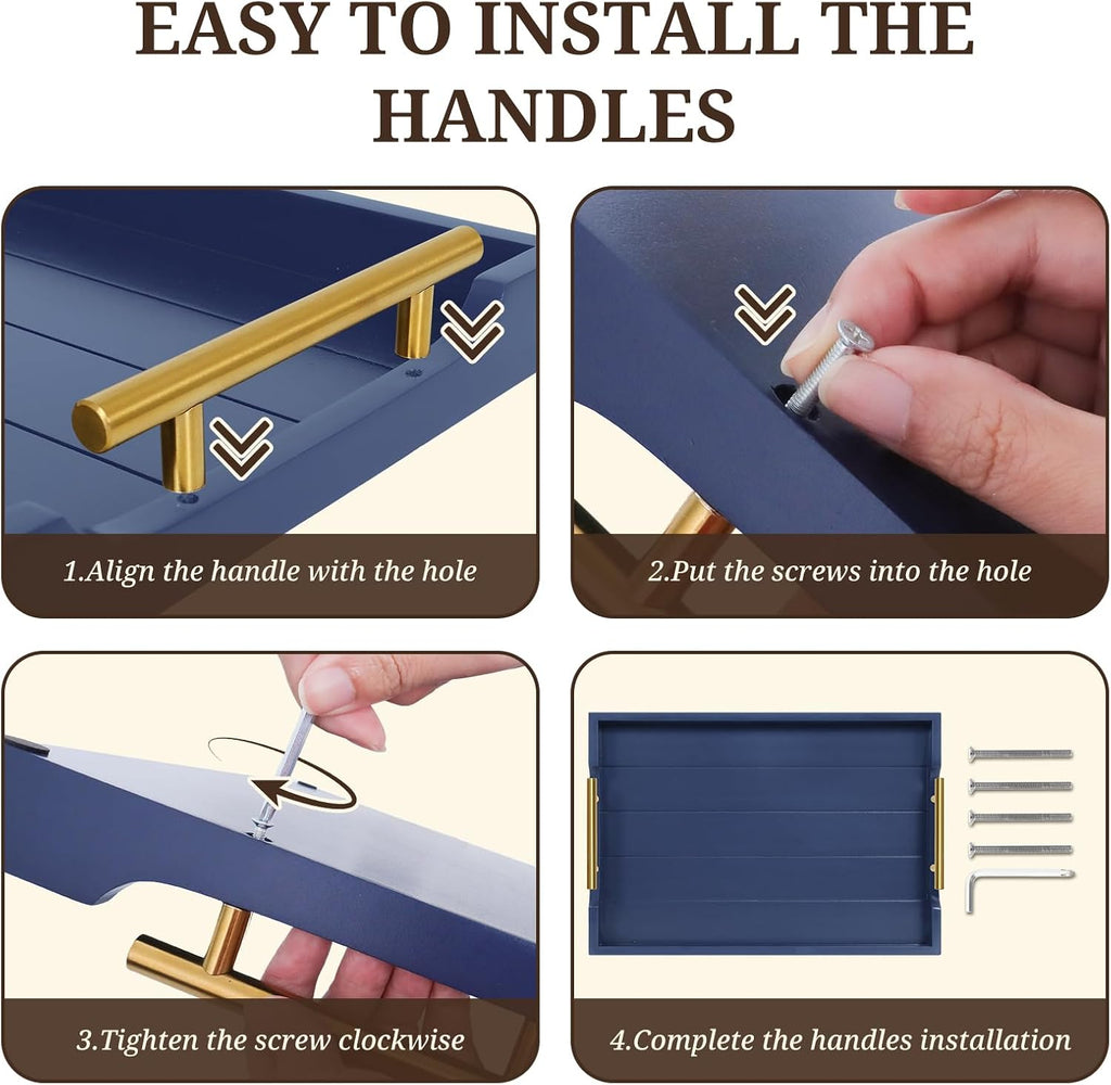 SXNOWS Set of 2 Wood Serving Trays with Gold and Silver Handles