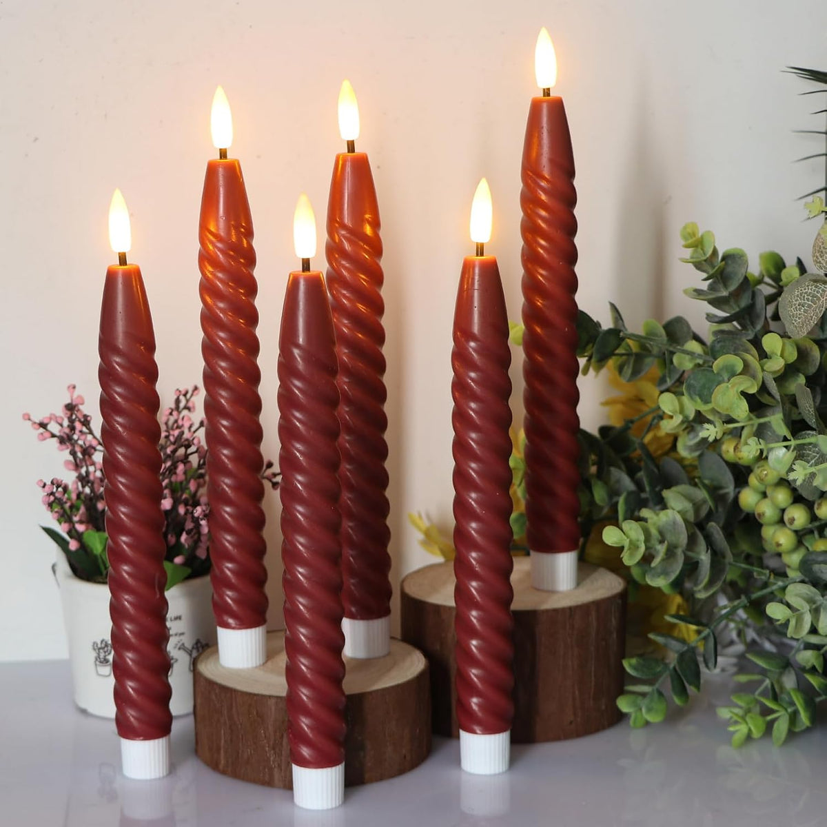 Red Flameless Taper Candles Flickering with Remote Timer