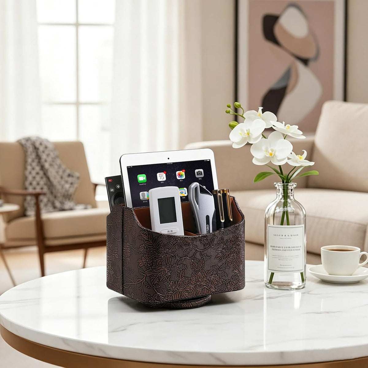 PU Leather Remote Control Holder, 360 Degree Rotating Desk Organizer Luxury Desktop Storage Rack, Rotating Bedside Storage Box for Desktop Office Living Room Bedroom (Brown Grape Pattern)
