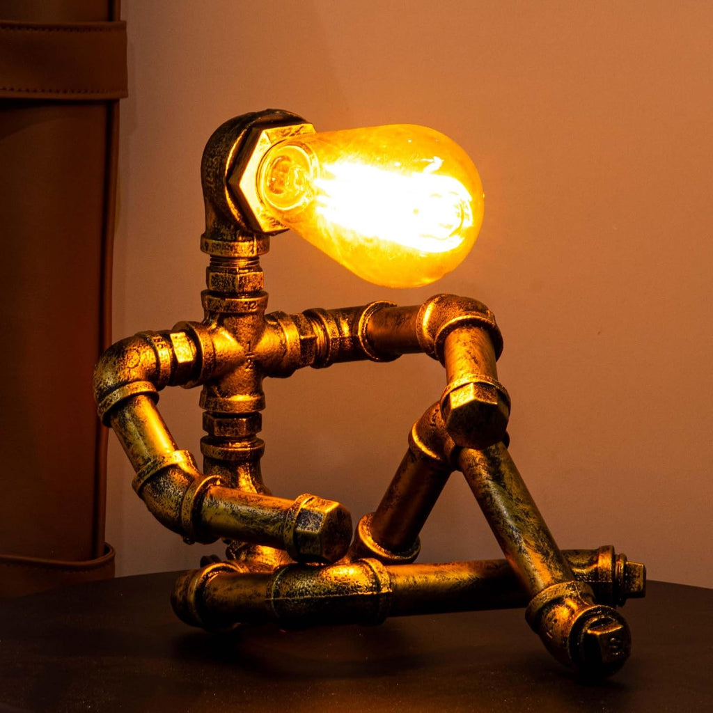 Steampunk Table Lamp, Vintage Industrial Metal Robot Table lamp, Water Pipe Table Lamp, Steam Punk Pipe Lamp Style Desktop Light for Bar Cafe Desktop Room Decoration