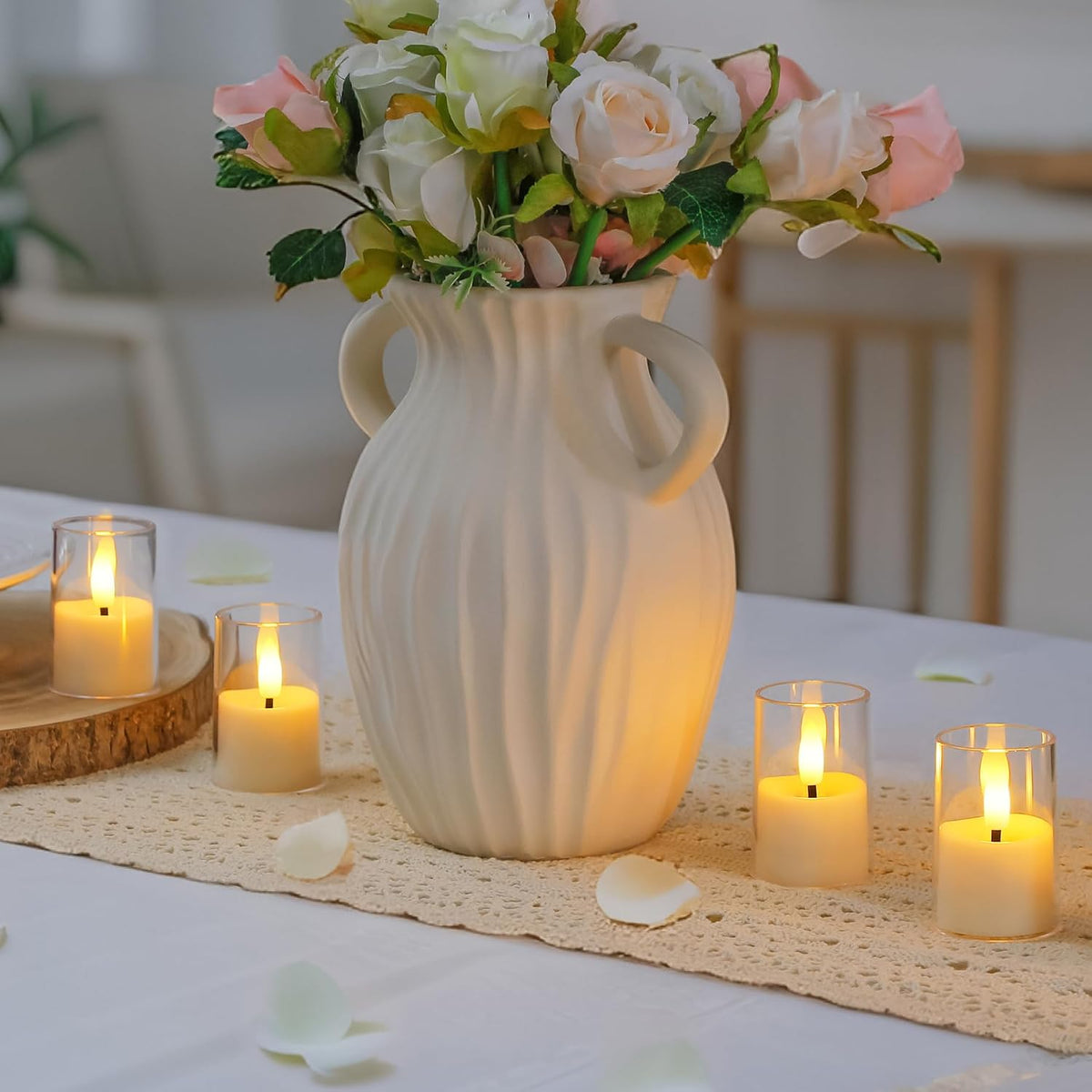 Flameless D: 1.7" H: 2.5" Small Tea Light LED Candles, Acrylic Battery Operated Votive with Remote Control and Timer, Tealight White Flickering Warm Light Pack of 15 Electric Long Lasting