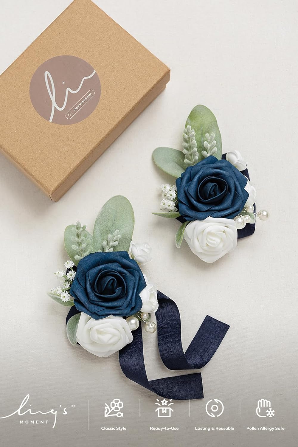 Ling's Moment 2pcs Prom Wrist Corsage Artificial Flowers, Navy Blue