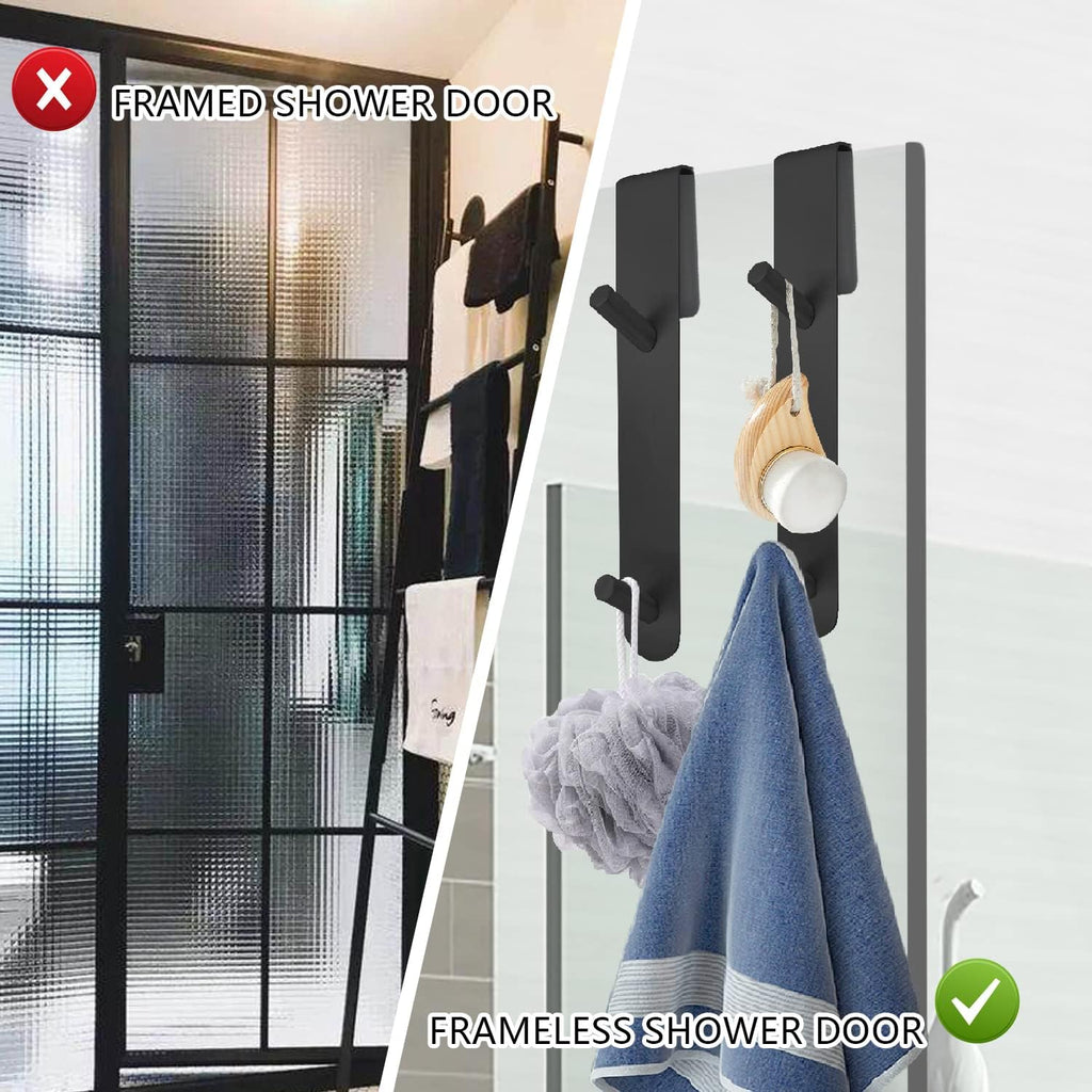 Stainless Steel Shower Door Hooks (2-Pack) - Heavy Duty Bathroom Towel Hooks for Frameless Glass Showers, No Drill Hanging Hooks for Robes, Towels, Loofahs - Rustproof & Easy Install