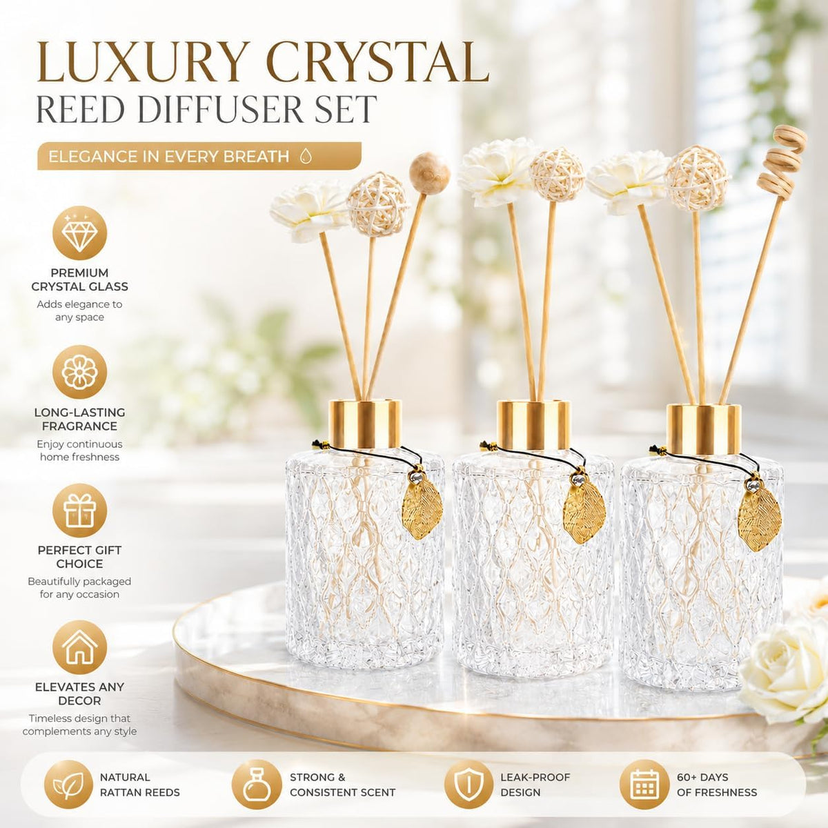 Glass Reed Diffusers Bottles for Home, Diffuser Bottles with Reed Diffuser Sticks Set, Vintage Embossed Apothecary Style Flower Bud Vases with Cork Lids, Set of 3