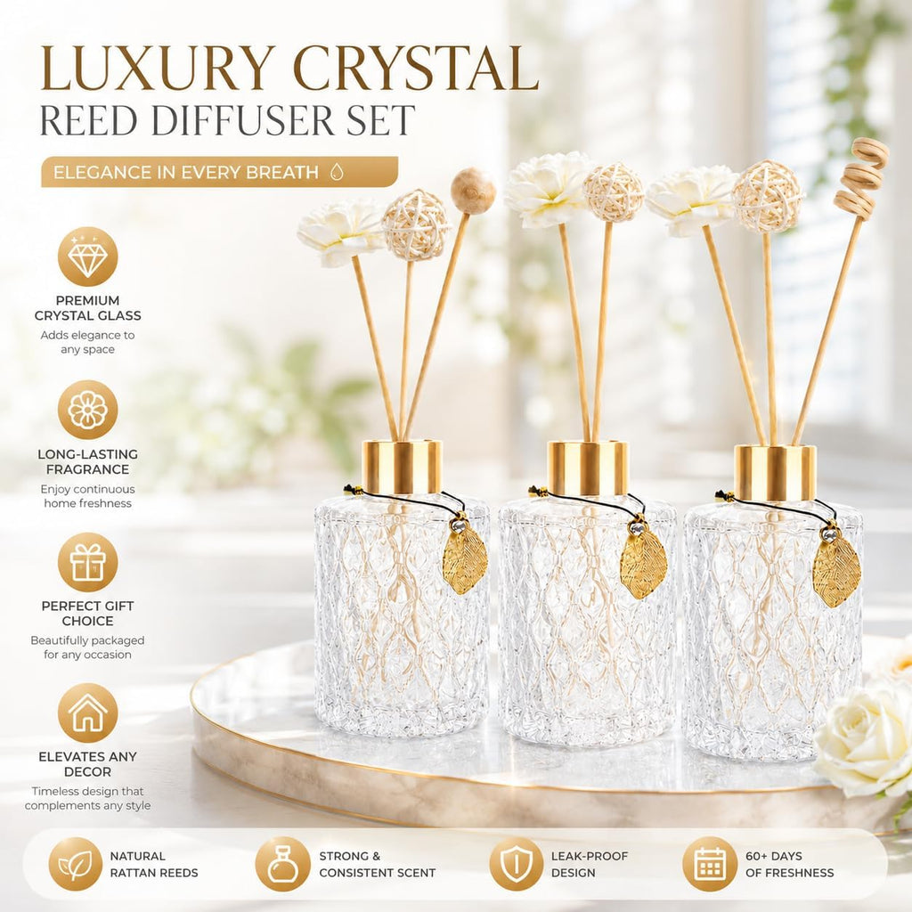 Glass Reed Diffusers Bottles for Home, Diffuser Bottles with Reed Diffuser Sticks Set, Vintage Embossed Apothecary Style Flower Bud Vases with Cork Lids, Set of 6