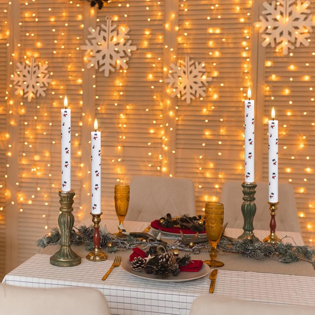 GenSwin Christmas Taper Candles with Snowman Decals, 4 Pack LED Taper Candles with Timer, Real Wax Flickering LED Flickering Flameless Candlesticks with Christmas Prints for Home Decor(0.78” x 9.6”)